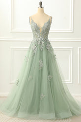 Gorgeous Green Tulle Spaghetti Straps Prom Dress with Appliques Details